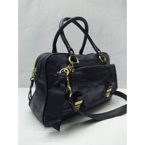 Coach Poppy Black Leather Double Pushlock Double Handles Satchel Bag - Picture 3 of 16